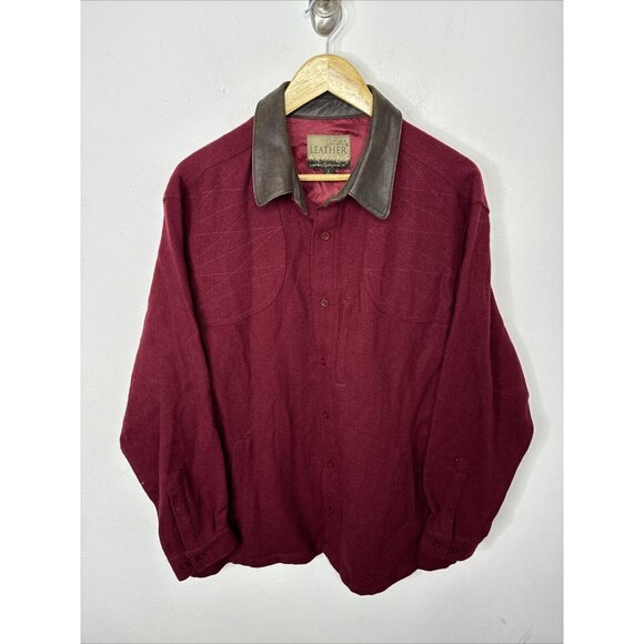VTG 90s Cabelas Mens L Leather Collar Wool Button Shirt Jacket Shacket Red - Picture 1 of 5